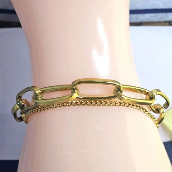 14K Gold Double Chain Link Bracelet on 925 Silver - Picture 3 of 7